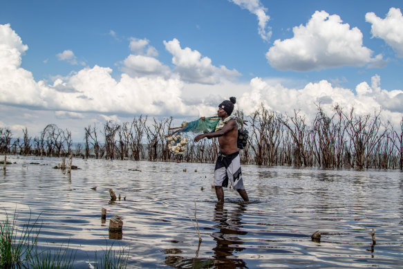 In Kenya, a fisherman walks through floodwaters in Lake Nakura, which has submerged farms in recent years largely due to climate change impacts. 