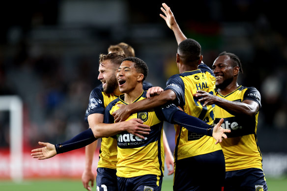 Sam Silvera celebrates a goal with the Mariners earlier this season.