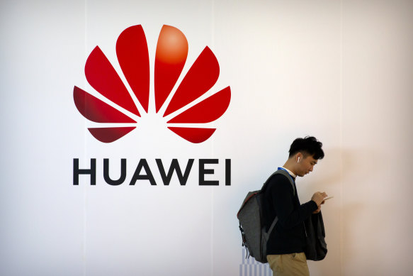 The Huawei logo at an expo n Beijing in 2019.