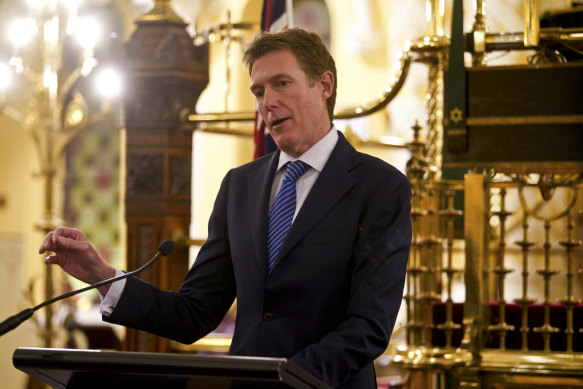 Attorney-General Christian Porter delivers a speech announcing the release of an exposure draft of the Religious Discrimination Bill on Thursday at the Great Synagogue in Sydney. 
