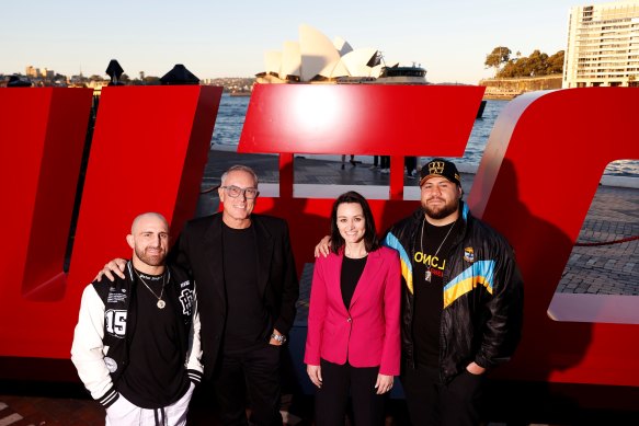 UFC stars Alex Volkanovski (left) and Tai “Bam Bam” Tuivasa (far right) with Foxtel’s Patrick Delany and Rebecca McCloy.