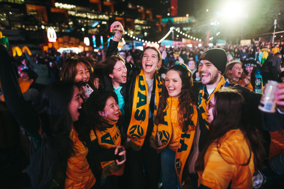 Matildas fans at the Tumbalong Park live site in Sydney.