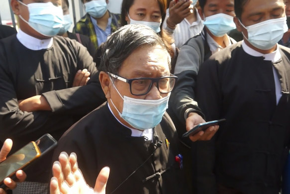 Khin Maung Zaw, a lawyer asked by the National League for Democracy party to represent deposed Myanmar leader Aung San Suu Kyi, speaks outside the Dakhi Na District Court in Naypyitaw.