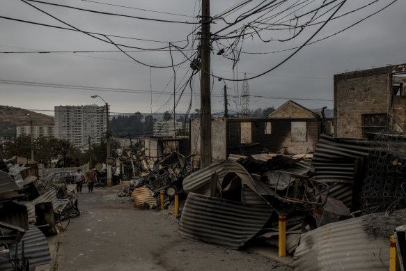 Houses destroyed by thefires in El Olivar, part of Viña del Mar, Valparaíso region, Chile.