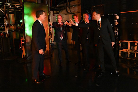 Stephen Colbert with the “Strike Force Five” crew (from left) John Oliver, Seth Meyers, Jimmy Kimmel and Jimmy Fallon. 