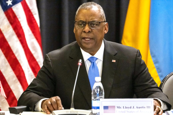 US Secretary of Defence Lloyd Austin speaks during the Ukraine Security Consultative Group meeting at Ramstein air base on April 26, 2022. 