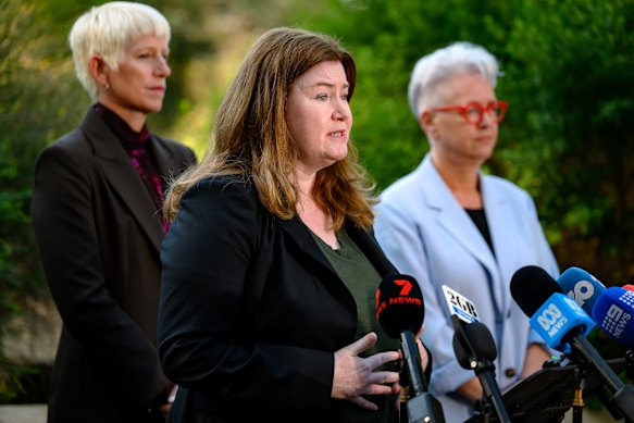 Agriculture Minister Tara Moriarty flanked by chief veterinary officer Dr Joanne Coombe (left) and Environment Minister Penny Sharpe (right).