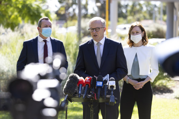 Anthony Albanese speaks about Labor’s plans for healthcare during a press conference in Perth on April 6.