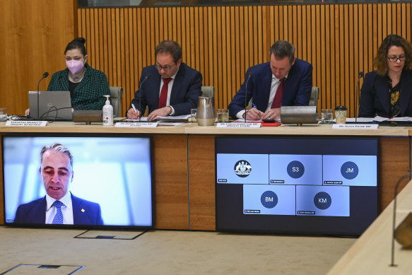 CBA chief executive Matt Comym appeared remotely before the government’s banking inquiry on Thursday. 