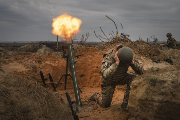 Soldiers of Ukraine’s National Guard 1st brigade Bureviy (Hurricane) practice during combat training at a military training ground in the north of Ukraine.