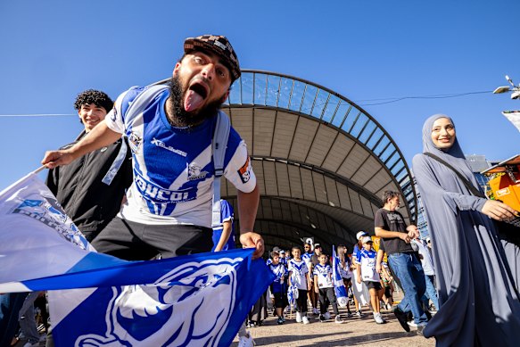 Bulldogs supporter Ahmed Barnzy arrives at Olympic Park on Friday.