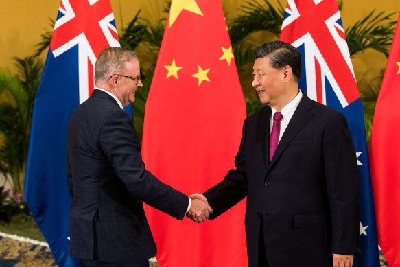 Prime Minister Anthony Albanese with China’s president at the G20 summit in Bali in 2022. They will meet again on Monday in Beijing. 