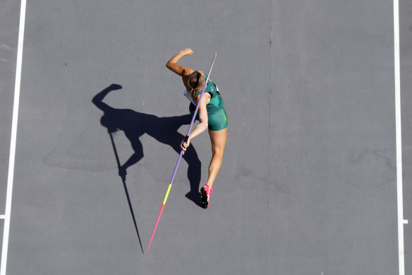 Kelsey-Lee Barber makes one of her three throws in the qualifying round.