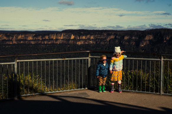 Layla 4, and Louis, 2, at Echo Point Lookout at the Blue Mountains. 