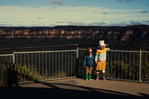 Layla 4, and Louis, 2, at Echo Point Lookout at the Blue Mountains. 