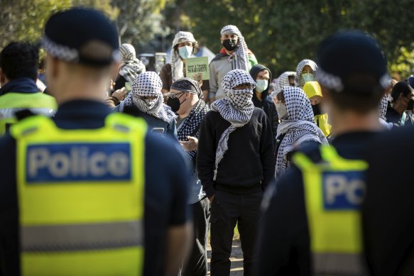 Police attended the University of Melbourne when pro-Israel supporters marched through to confront the pro-Palestine camp last week.