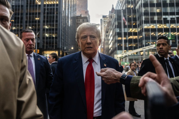 Former president Donald Trump arrives to visit union workers at a construction site in Manhattan on April 25. 