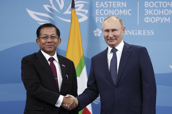 Junta chief Min Aung Hlaing meets with Russia’s Vladimir Putin in Vladivostok last week.