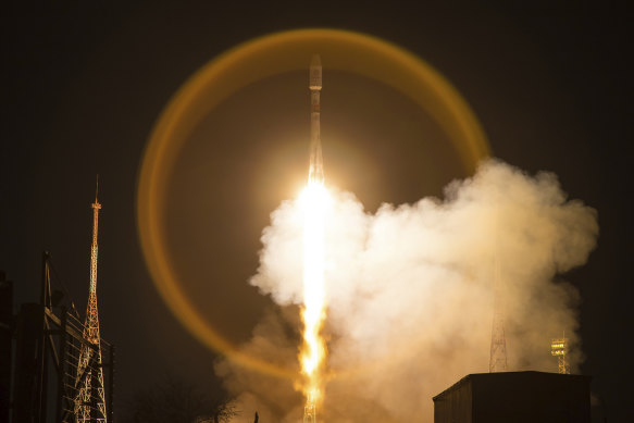 A Soyuz-2.1b launch vehicle takes-off from the Baikonur Cosmodrome in Kazakhstan, Kazakhstan.