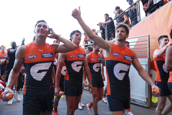 GWS players celebrate their win at home against Adelaide on Sunday.