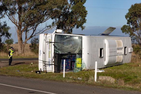 The overturned truck remained on the scene Wednesday morning, before it righted itself shortly before lunchtime.