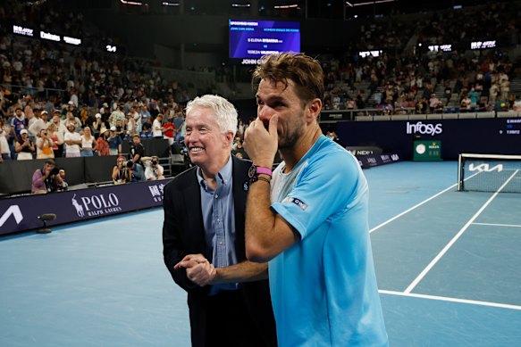 Craig Tiley with Stan Wawrinka following the Swiss player’s final Australian Open match on Saturday.