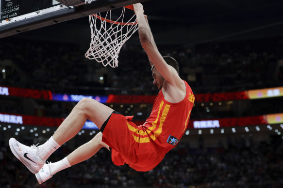Juancho Hernangomez of Spain dunks the ball during their FIBA Basketball World Cup final on Sunday against Argentina at the Cadillac Arena in Beijing.