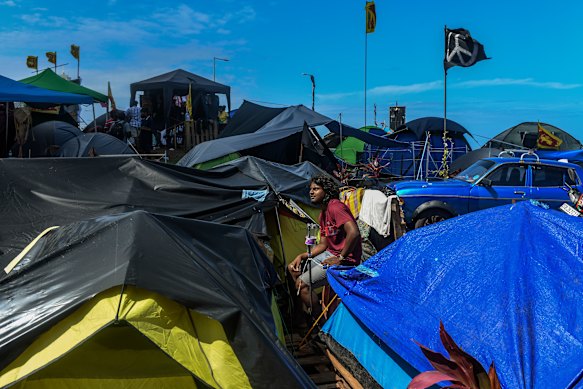 A demonstrator at the “Gota Go” protest village in Colombo, Sri Lanka.