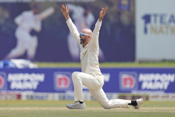 Australia’s Nathan Lyon appeals for the wicket of Kamindu Mendis during day three 