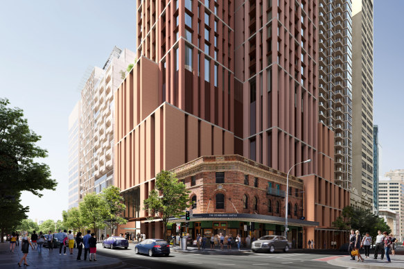 A render of the build-to-rent project that will rise above the Pitt Street Metro station.