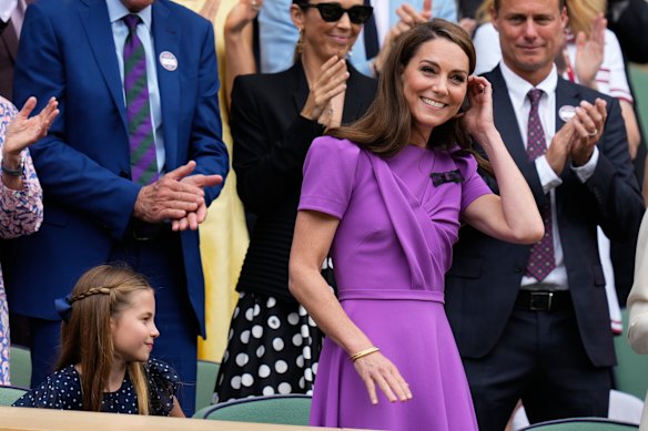 Catherine, Princess of Wales reacts as she arrives on centre court ahead of the men’s singles final at the Wimbledon tennis championships.