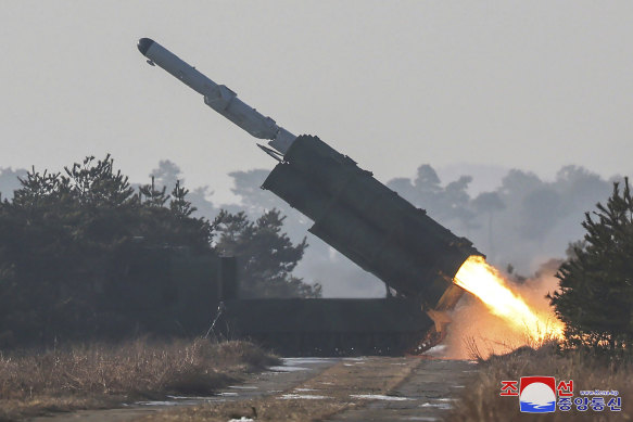 This photo provided by the North Korean government, shows what it says is a test of surface-to-sea missiles.