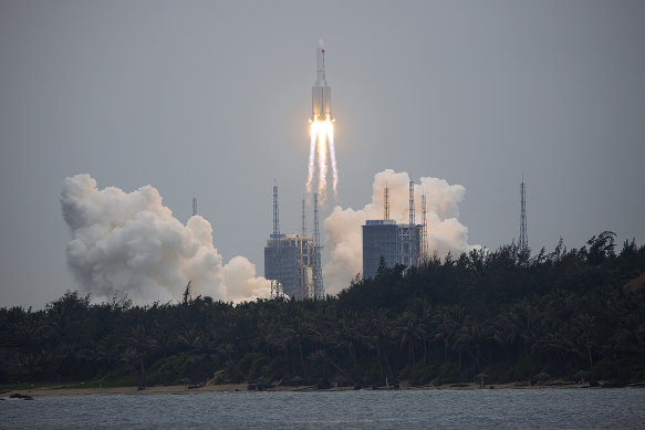 A large section of the Long March 5B rocket, pictured lifting off from the Wenchang Spacecraft Launch Site on April 29, will crash down to Earth. 