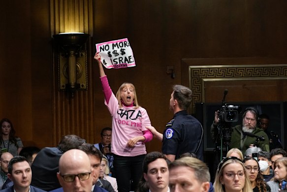 Anti-war activist Medea Benjamin shouts in protest at Secretary of State Antony Blinken during the hearing.