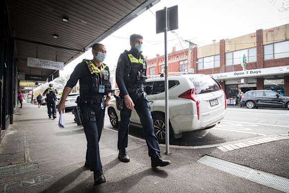 Police patrolling the streets of Ripponlea, in Melbourne’s south east. 