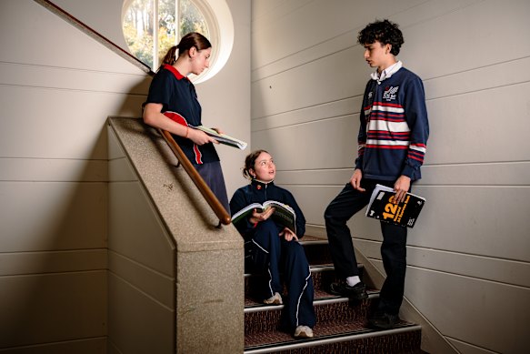 Teya Whitcombe, Auriane Lacroix and Asher Jacoby after their HSC modern history exam.