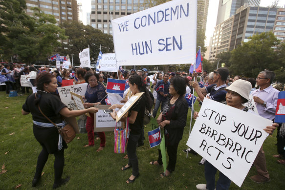 Cambodian-Australians protest against Hun Sen’s regime in Sydney’s Hyde Park during his 2018 visit.