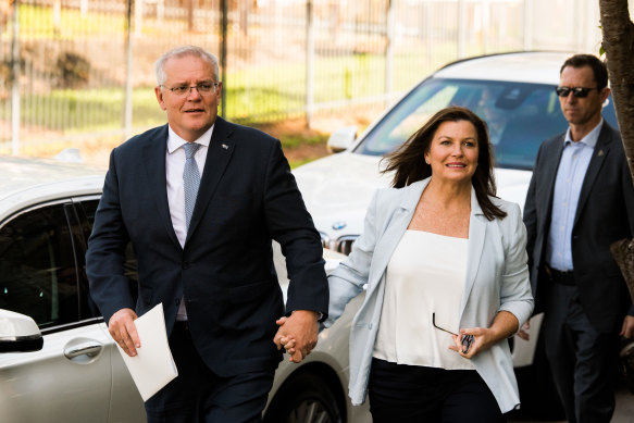 Prime Minister Scott Morrison and his wife Jenny arriving for an event in Parramatta today. 