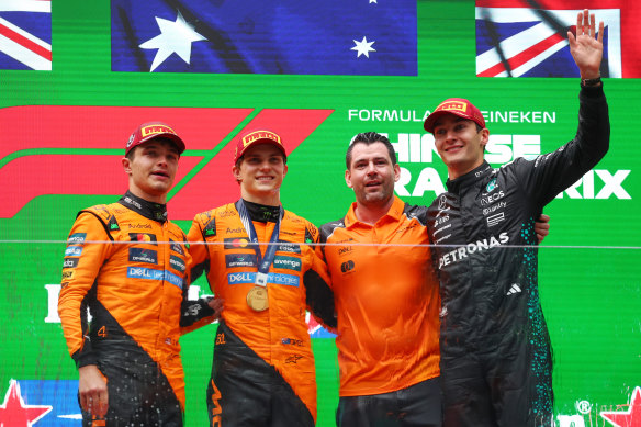 The podium of the 2025 Chinese Grand Prix in Shanghai.