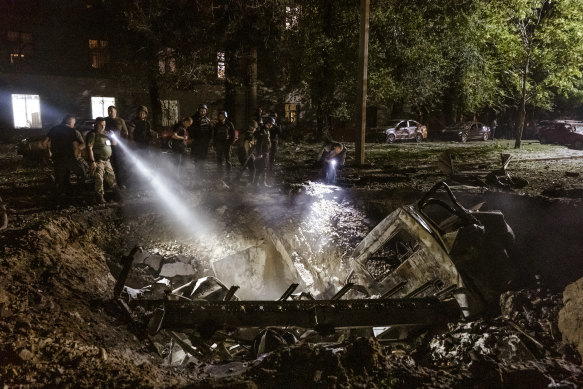 The scene of a Russian missile strike in Dnipro, Ukraine.
