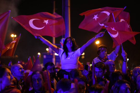 Republican People’s Party, or CHP, supporters gather to celebrate outside City Hall in Istanbul, Turkey.