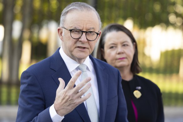 Prime Minister Anthony Albanese and Minister for Resources Madeleine King during a press conference in Washington DC on Tuesday.