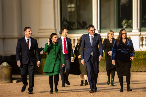 Premier Daniel Andrews with new appointees (from left) Colin Brooks, Lizzie Blandthorn, Steve Dimopoulos, Jacinta Allan and Harriet Shing.  