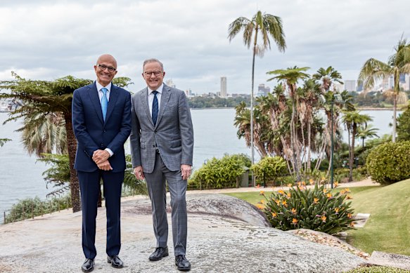 Microsoft chief executive Satya Nadella with Prime Minister Anthony Albanese.