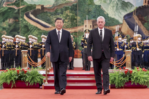 Chinese President Xi Jinping (left) and Cuba’s President Miguel Diaz-Canel Bermudez attend a welcome ceremony at the Great Hall of the People in Beijing in November 2022. 