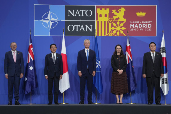 Prime Minister Anthony Albanese, Japanese Prime Minister Fumio Kishida, NATO Secretary General Jens Stoltenberg, New Zealand Prime Minister Jacinda Ardern and South Korean President Yoon Suk-yeol at the NATO summit in Madrid last year.