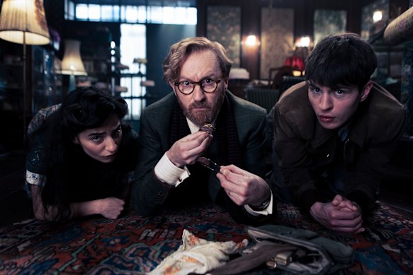 Polly Walker (left) as Trottie Book, Mark Gatiss (middle) as Gabriel Book and Connor Finch as Jack. 