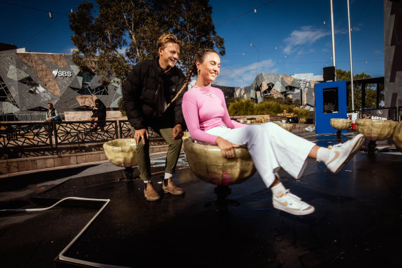 Grace Spencer spinning (with a little help from Daniel Meyer) on the Hexadeca installation at Fed Square.