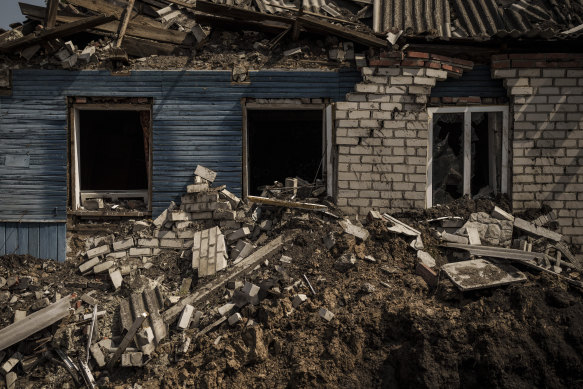 A destroyed house in Malaya Rohan, a village retaken by Ukrainian forces on the outskirts of Kharkiv in eastern Ukraine.