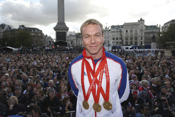 British gold medal winner cyclist Chris Hoy poses in Trafalgar Square in 2008.